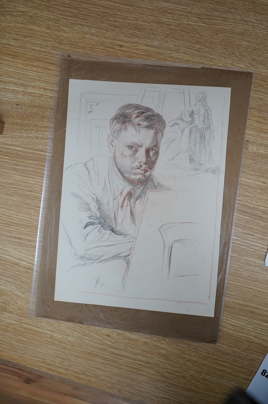 Modern British, pencil and sepia chalk, 'Bernard, Self-portrait - Imaginative Subject', 35 x 26cm, unframed. Condition - good